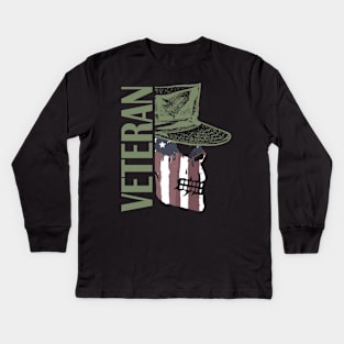 Veteran Painted American Flag Military Skull Kids Long Sleeve T-Shirt